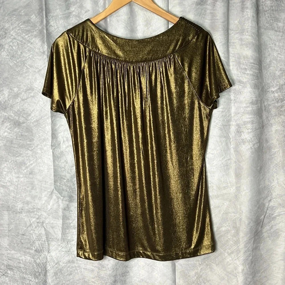 Dana Buchman Gold Metallic Scoop Neck Short Sleeved Blouse - size Small - Picture 8 of 11